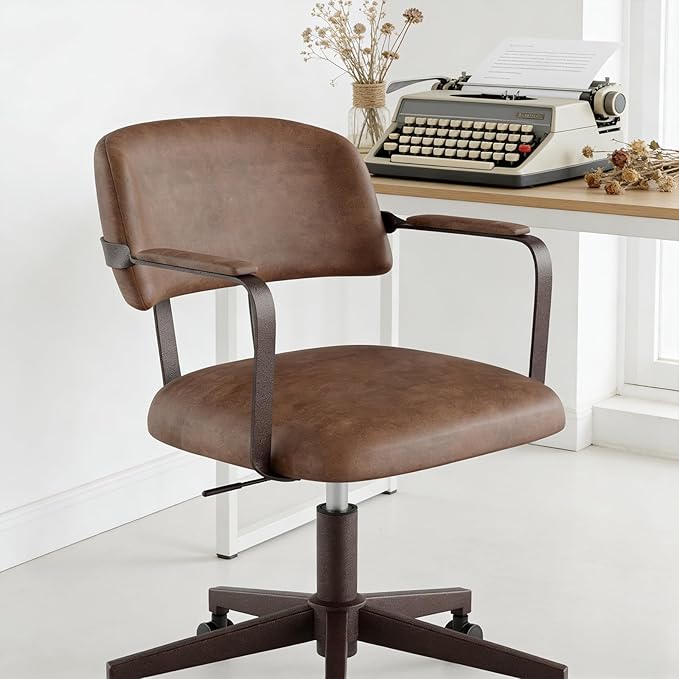 Home Office Desk Chair, Mid-Century Modern Desk Chair with Padded Arms, Adjustable Seat Height, Mid Back 360° Small Computer Chair with Mobile Mute Wheel, PU Leather (Brown)