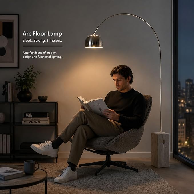 Murmurglow-74.8”Modern Arc Floor Lamp,Industrial Adjustable Silver Floor Lamp with Square Marble Base,3 Color Temperatures Reading Standing Lamps for Living Room, Bedroom,Office