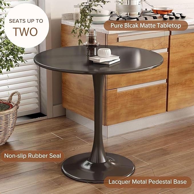 23.6 Inch Black Round Dining Table,Mid-Century Modern Black Tulip Table Kitchen Dining Table with MDF Table Top and Pedestal Base for Home Kitchen 2-4 Person