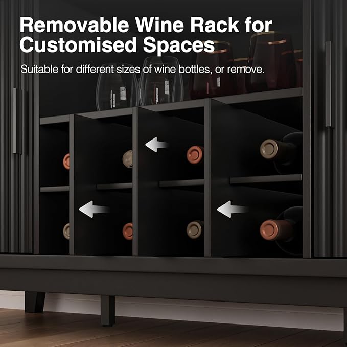 Fluted Buffet Cabinet with Storage, Modern Coffee Bar Cabinet with Outlet, Removable Wine Rack, Multi-Functional Accent Liquor Cabinet for Living Room, Entryway, Kitchen, Black