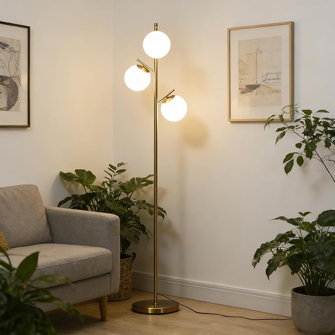 3-Light Tree Floor Lamp, Metal and Glass Modern Standing Lamp for Living Room Bedroom Office, 66.5" H, Gold and White