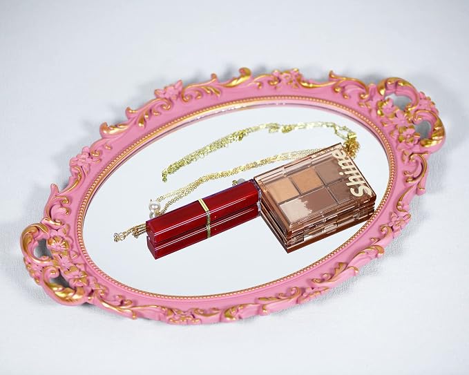 Tstarer Vintage Decorative Pink Framed Mirror, Wall Hanging Mirrors & Tabletop Tray for Bedroom Living Room Dresser Decor, Oval- 9.6" W x 14.3" L (Pink)