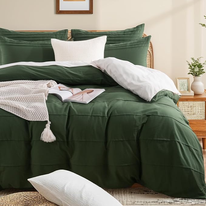 NEXHOME PRO 100% Washed Cotton Duvet Cover Twin Size, Pleated Duvet Cover Set Forest Green, 2 Pieces Organic Bedding Set with Zipper Closure, Soft, Lightweight and Breathable (68"x90", No Comforter)