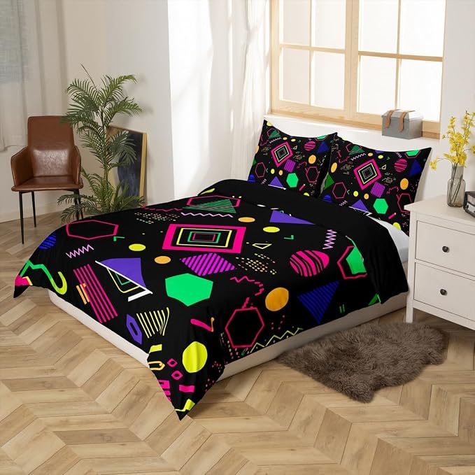 Memphis Duvet Cover Hipster Retro Bedding Set,80s and 90s Hip Hop Funky Comforter Cover Colorful Pop Art Inspired Pattern Twin Bed Set,Watercolor Eighties Memphis Geometrical 80s Bedroom Decor
