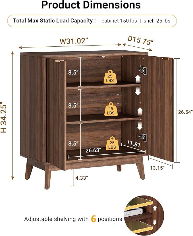 Buffet Cabinet, Small Coffee Bar Cabinet with Storage, Modern Walnut Fluted Sideboard Cabinet with Adjustable Shelf & Doors, Accent Credenza for Kitchen, Living Room, Entryway, Hallway