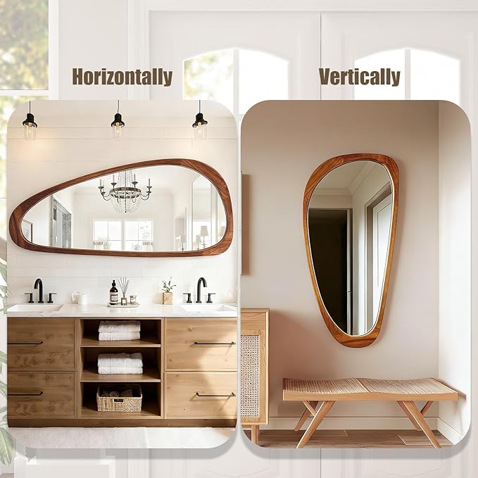 Asymmetrical Mirror, 48"x22" Irregular Mirror Full Length, Wood Wall Mirror for Bathroom Bedroom Living Room Entryway Hallway, Mid Century Modern Decor (Natural Wood)