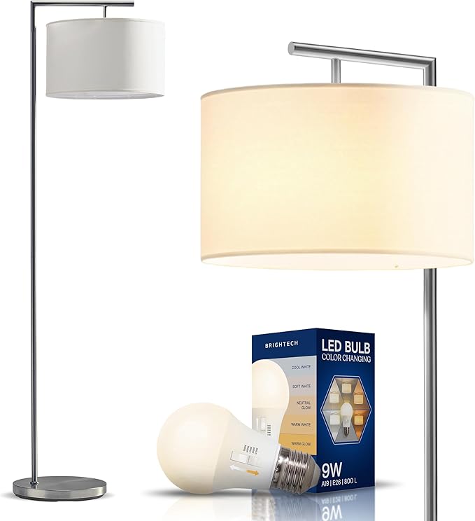 Brightech Montage Modern Floor Lamp - LED Standing Lamp with White Shade and Adjustable Color for Living Rooms & Offices - Tall Corner Bedroom Reading Light for Contemporary Home Decor - Satin Nickel
