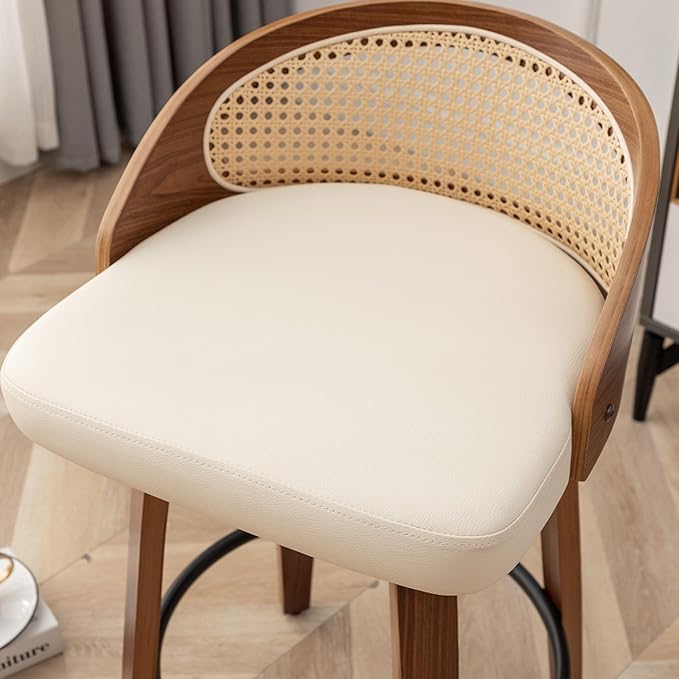26" Swivel Rattan Bar Stools,Mid-Century Modern Beige Leather Upholstered Counter Height Stools,Kitchen Island Barstools with Rattan Low Backrest,Walnut Wood Finish Bar Chair,1PCS