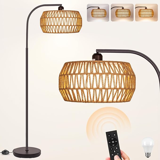 Rattan Standing Lamp with Remote and Dimmable Bulb, Bronze Arch Floor Lamp, Over Couch Lamp with Foot Switch, Brown Boho Lamp for Living Room, Bedroom, Office, Classroom