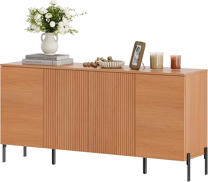 WAMPAT Fluted Buffet Cabinet with Storage, 61.6" Large Sideboard Cabinet with Storages, Modern Buffet Table Coffee Bar Wine Bar Storage Organizer with 4 Doors for Kitchen, Dining Room, Hallway, Mocha
