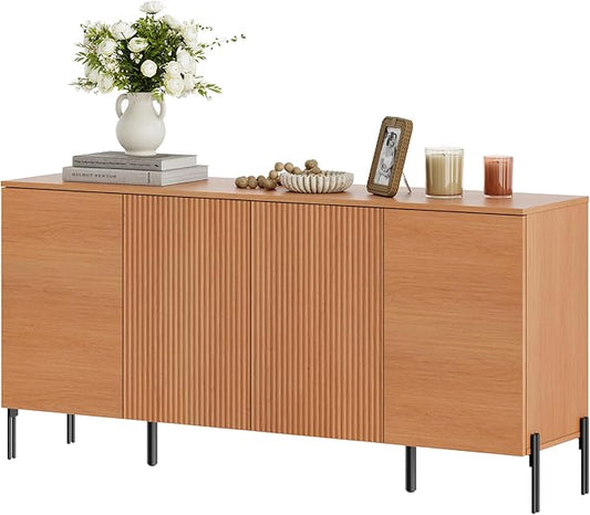 WAMPAT Fluted Buffet Cabinet with Storage, 61.6" Large Sideboard Cabinet with Storages, Modern Buffet Table Coffee Bar Wine Bar Storage Organizer with 4 Doors for Kitchen, Dining Room, Hallway, Mocha