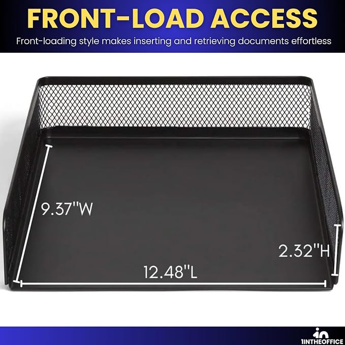 1InTheOffice Letter Trays for Desk Stackable, Front-Load Mesh Desk Tray Organizer, Black, 2 Pack
