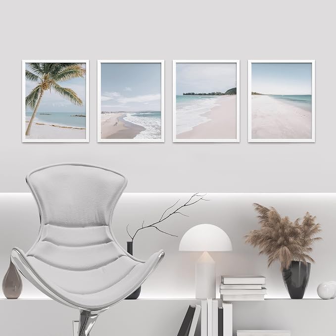 SIGNWIN Framed White Beach Shore Tropical Palm Tree Island Wall Art, Set of 4 Landscape Colorful Wall Decor Prints, Nature Wilderness Wall Décor for Living Room, Bedroom - 8"x10" White