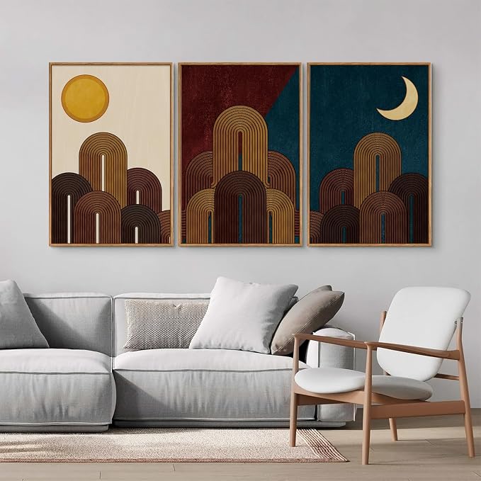 KaiWithYuan Mid Century Modern Framed Canvas Wall Art, Boho Minimalist Geometric Arch Wall Decor, Sun and Moon Art Paintings, Retro Abstract Mountains Artwork for Bedroom Living Room Office 16"x24"x3