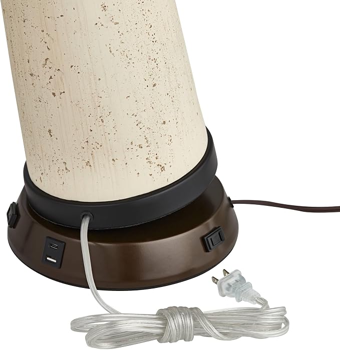 360 Lighting Rocco Mid Century Modern Table Lamp with USB and AC Power Outlet Workstation Charging Base 30" Tall White Ceramic Oak Wood Tan Fabric Drum Shade for Living Room Bedroom House