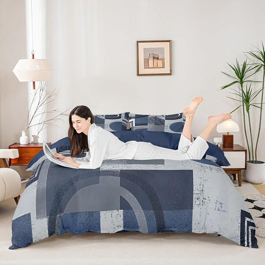Abstract Striped Circle Duvet Cover Set King Size,Aesthetic Retro Artwork Bedding Set,Boys Girls Room Decor,Geometric Graffiti Squares Comforter Cover,Navy Blue Quilt Cover,2 Pillowcases(No Filler)