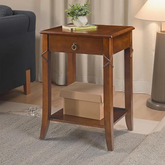 Solid Wood End Table with Drawer, Beside Table, Nightstand, Mid-Century Modern Funiture with Storage Shelf, 19.7" x 15.7" x 27.6" High Living Room Side Table with Wood Frame, Cherry Walnut GBJ-DR200