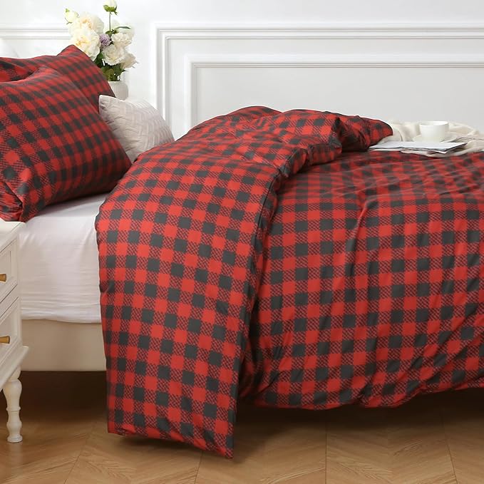 MUXHOMO Duvet Cover Full Size Floral Duvet Cover Set with Zipper Closure, Red Plaid Bedding Set, 3 Pieces, 1 Duvet Cover 80"x90" with 4 Corner Ties and 2 Pillowcases 20"x26"