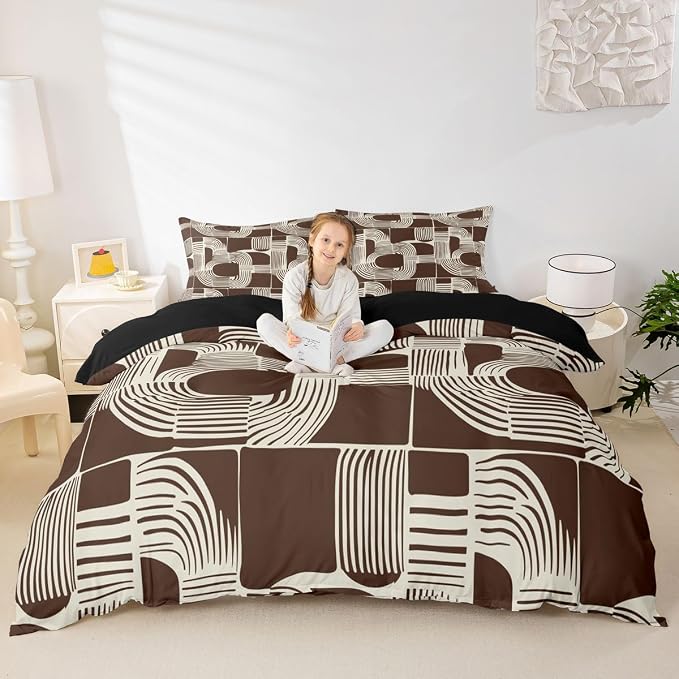 Erosebridal Bohemian Geometric Toddler Bedding Set for Boys Mid Century Abstract Comforter Cover for Kids Teens Adult Brown Boho Ethnic Duvet Cover Modern Abstract Striped Bed Sets with 1 Pillow Case