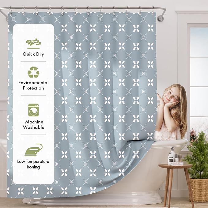 AmazerBath Shower Curtain Blue, Cloth Blue and White Floral Fabric Shower Curtain Sets with 12 Shower Curtain Hooks, Rustic Home Decor Washable Farmhouse Fall Bathroom Shower Curtains, 72x72 Inches