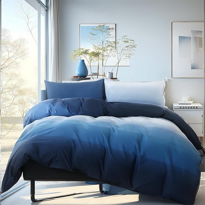 Blue and White Duvet Cover King Size 100% Cotton Duvet Cover Sets Gradient Blue Comforter Cover Ocean Like 3 Pcs Soft and Lightweight Bedding Set for All Seasons