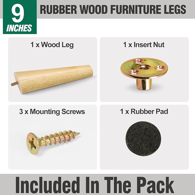 FoDau770 Rubber Wood Furniture Legs 9 Inches, 5/16" UNC Slant Tapered Wood Feet Mid Century Sofa Legs, Wooden Furniture Feet Replacement Parts for Cabinet Couch Dresser Chair Ottoman Table