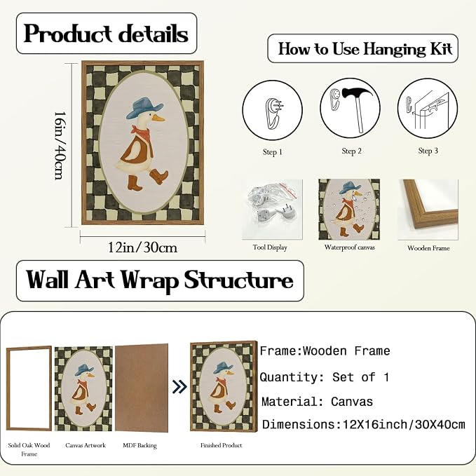 Funny Western Cowboy Goose Wall Art Cute Silly Goose Wall Decor Painting, Southwestern Duck Animal Poster Canvas Print for Living Room Bedroom 12x16 inch Wood Framed