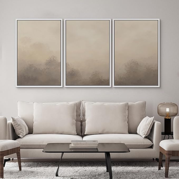 SIGNWIN Framed Canvas Print Wall Art Set Neutral Misty Forest Landscape Earth Tone Illustrations Modern Art Decorative Boho Relax/Zen Nordic for Living Room, Bedroom, Office - 16"x24"x3 White