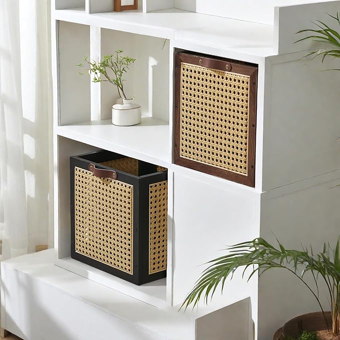 2PCS Rattan Storage Cubes Wooden Storage Baskets Boxes Decorative Natural Handmade Bohemian Solid Wood Woven Wicker Cane Bin Closet Shelf Clothes Organizer Books Magazine Holder (Walnut)