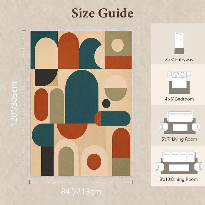 Teal Rust Area Rug 7x10, Mid Century Modern Mosaic Geometric Rug, Retro Abstract Color Block Washable Low Pile Non Slip Rug for Living Room Bedroom