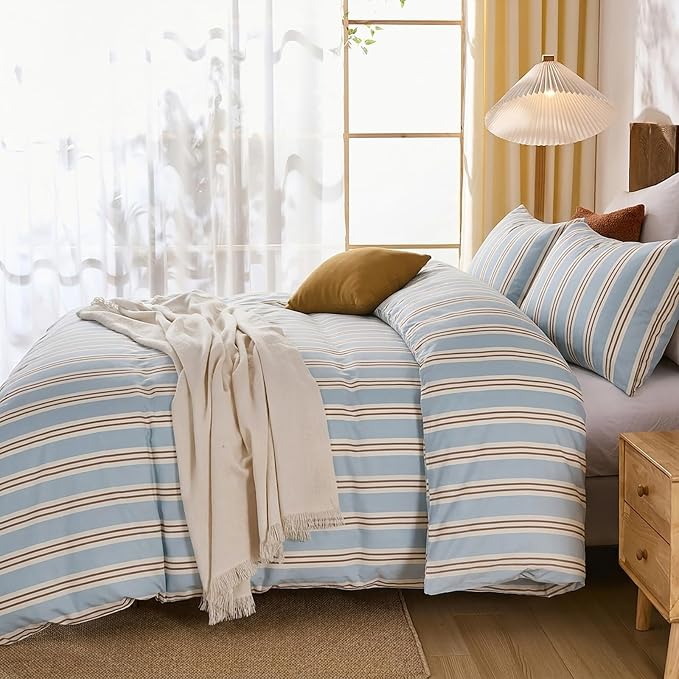 Merryword Striped Duvet Cover Set Queen Size - 100% Cotton Duvet Cover Set, Light Blue Ribbon Stripes Pattern Comforter Cover 3 Pieces, Soft Linen Like Bedding Set for All Seasons