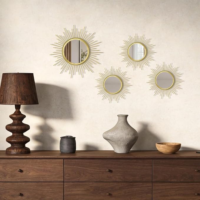 4 Set Metal Sunburst Mirrors for Wall Decor Living Room Bedroom Bathroom Dining Room Boho Gold Decorative Hanging Circle Vintage Art - Gold/Black/Silver 11.8 in/7.8 in
