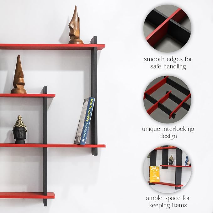 Modern Wall Mounted Zigzag Shelf Rack – Decorative Wooden Floating Display Unit for Living Room, Bedroom & Office Decor (RED)