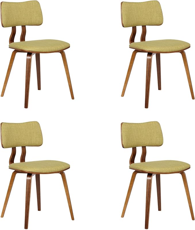 Armen Living Jaguar Mid-Century Dining Chair in Walnut Wood and Green Fabric - Set of 4