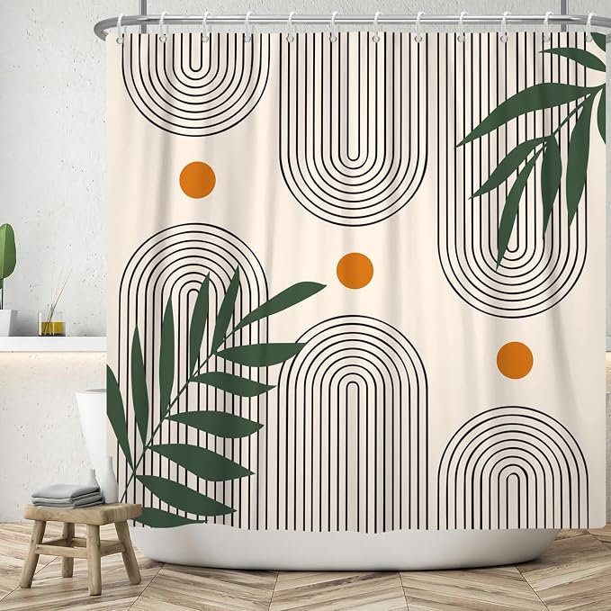 Boho Mid Century Shower Curtain Bohemian Minimalist Geometric Arch Sun Bathroom Curtain Sage Green Plant Polyester Shower Curtain Sets for Bathroom Extra Long 72x72 in with 12 Hooks