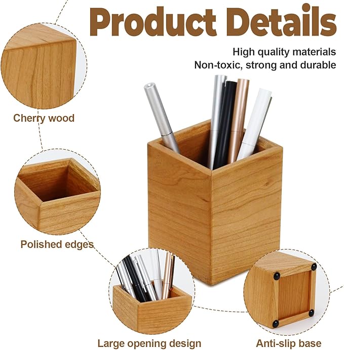 MultiBey Solid Cherry Wood Desk Organizer Set, Wood Tape Dispenser with Refill Rolls, Wooden Pen Holder, Wood Post It Note Holder for Office & Home Desk Supplies (3-Piece Set)
