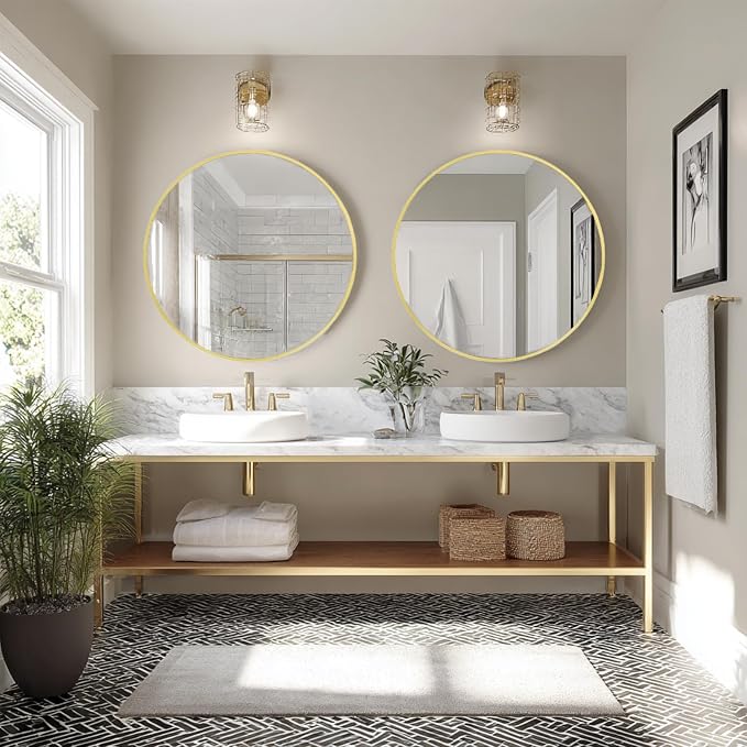 Sunniry Gold Round Mirror 24 inch, 2 Pack Gold Circle Mirror, Round Wall Mirrors Metal Frame for Bathroom, Bedroom, Living Room, Hallway.