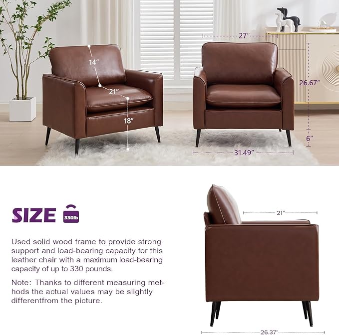 TYBOATLE Accent Chairs Set of 2, Comfy Faux Leather Living Room Chairs, Mid Century Modern Sofa Chairs, Cozy Reading Arm Chair, Armchairs for Bedroom, Office, Living Room (Brown)