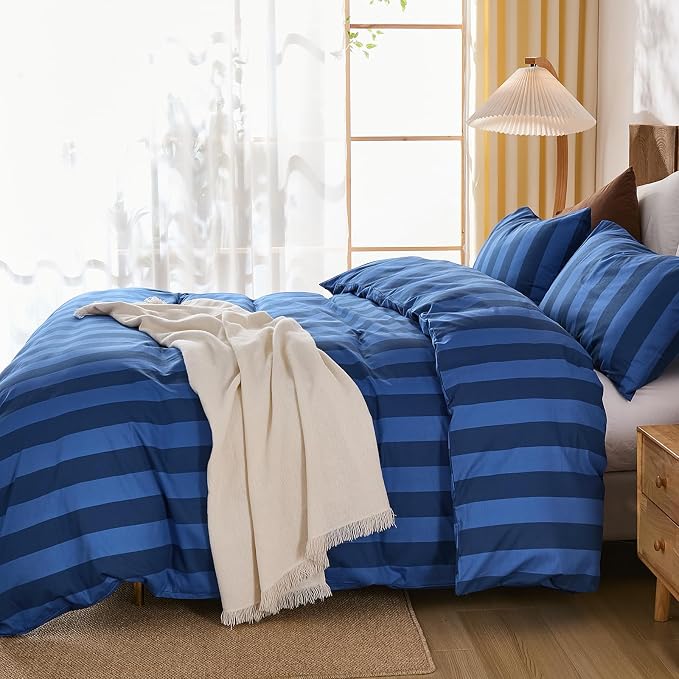 Merryword Blue Striped Duvet Cover Set King Size, 100% Natural Cotton Linen Like Duvet Cover Set with Zipper Closure & 8 Corner Ties, Dark Blue Soft Reversible Bedding for All Seasons
