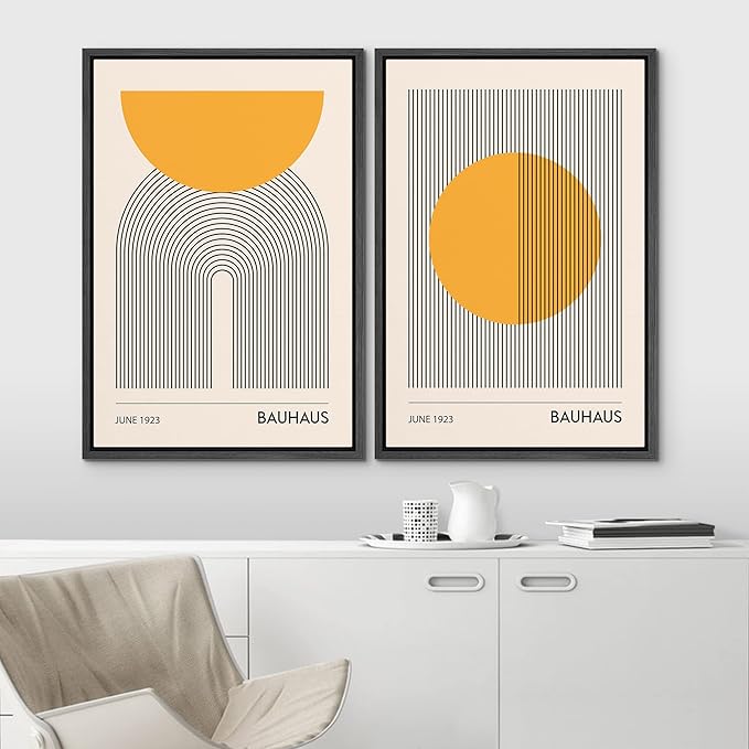 IDEA4WALL Framed Canvas Print Wall Art Set Bauhaus Geometric Solar Sun Wave Collage Abstract Shapes Illustrations Modern Art Decorative Multicolor for Living Room, Bedroom, Office - 16"x24"x2 Black
