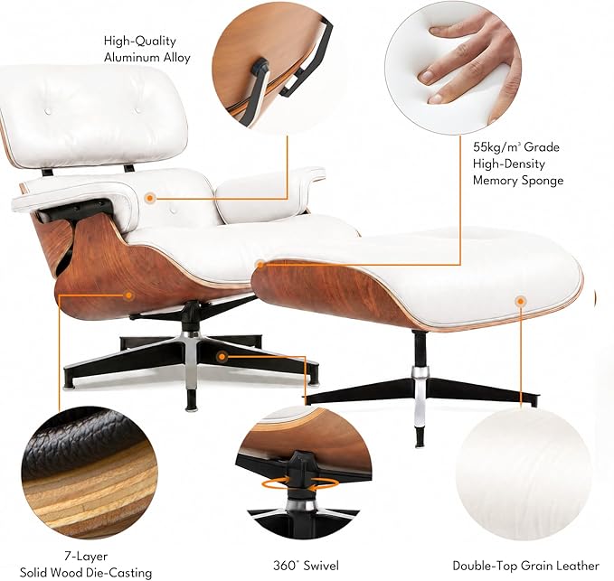 Top Grain Leather, Mid Century Chaise Lounge Chair and Ottoman, Modern Chair Classic Design, Heavy Duty Base Support for Living Room Study Lounge Office, Palisander-White, Heightening