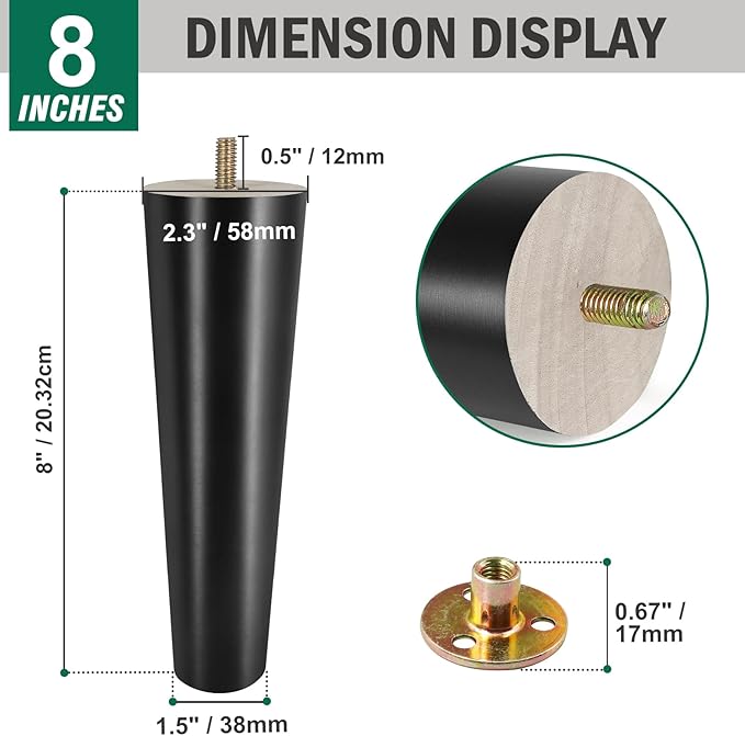 FoDau770 Black Rubber Wood Furniture Legs 8 Inches, Straight Tapered Wood Feet Mid Century Sofa Legs Set of 8, 5/16" UNC Furniture Feet for Cabinet Couch Dresser Chair Ottoman Table
