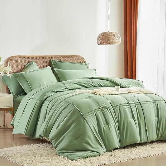 Yogeneg Queen Comforter Set 7 Piece Bed in a Bag,Grid Pinch Pleat Sage Green Bedding Set,Striped Textured Soft Microfiber Comforter with Sheet Set,All Season Complete Bed Set(Sage Green,Queen)