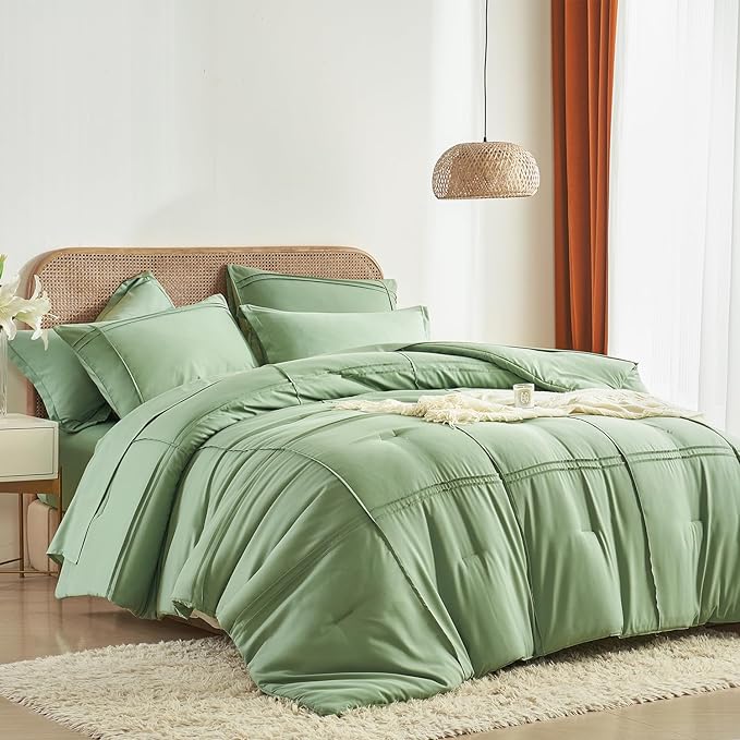 Yogeneg King Size Comforter Set 7 Piece Bed in a Bag,Grid Pinch Pleat Sage Green Bedding Set,Striped Textured Soft Microfiber Comforter with Sheet Set,All Season Complete Bed Set(Sage Green,King)