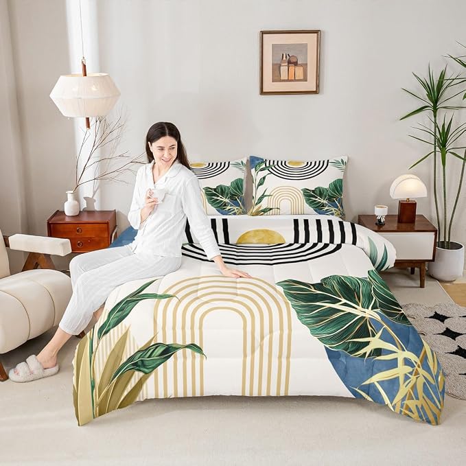 Erosebridal Navy Blue Boho Comforter Full Abstract Light Blue Mid Century Bedding Set Tropical Plant Minimalist Bedding for Kids Boys Girls Modern Geometric Aesthetic Duvet Insert 3Pcs Room Decor