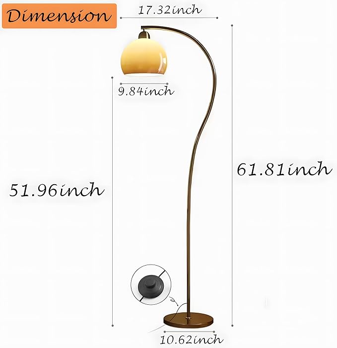 Bofea-Arc Floor Lamps for Living Room Gold Floor Lamp with Orange Glass Shade,3 Color Temperatures,Orange Tall Reading Light with Foot Switch，Ambient Lighting Lamps Mid Century Arch Lamp for Bedroom