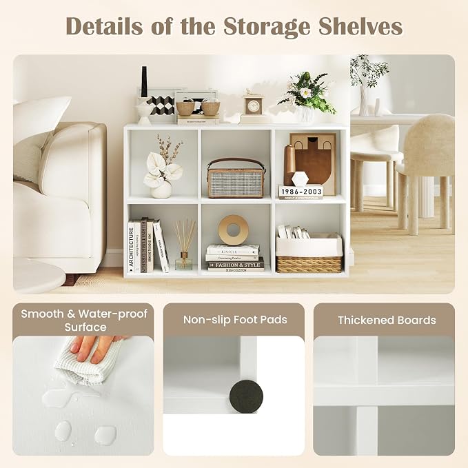 Tangkula 6-Cube Bookcase, Large Floor Standing Horizontal Bookshelf with 6 Open Shelves & 2 Anti-Tipping Kits, Home Office Wooden Storage Book Shelf for Living Room, Study (White, 6-Cube)