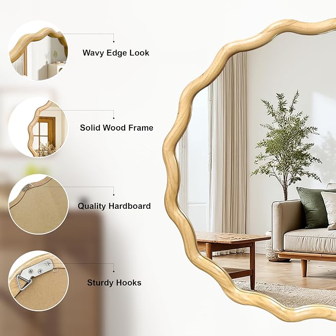Circle Wood Mirrors for Wall, Wavy Round Bathroom Scalloped Mirror Wooden Frame 30 Inch for Living Room Farmhouse Bedroom Hallway Entryway Living Room with Shatterproof Glass Wall Mounted