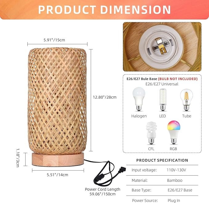 Arturesthome Bamboo Desk Light Woven Boho Beside Lamp Vintage Wicker Wooden Nightstand Lamp for Living Room,Kids Room,Nursery Room Decor