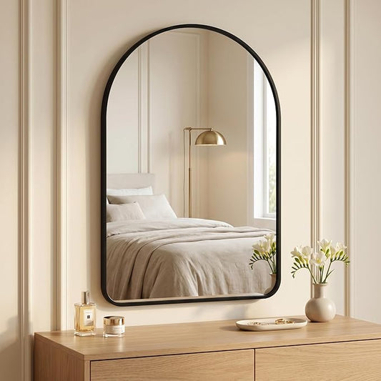 HARRITPURE 26"x38" Arched Bathroom Mirror, Wall Mounted Mirror, Black Arch Mirror, Aluminum Alloy Frame Wall Mirror for Living Room, Bedroom, Entryway